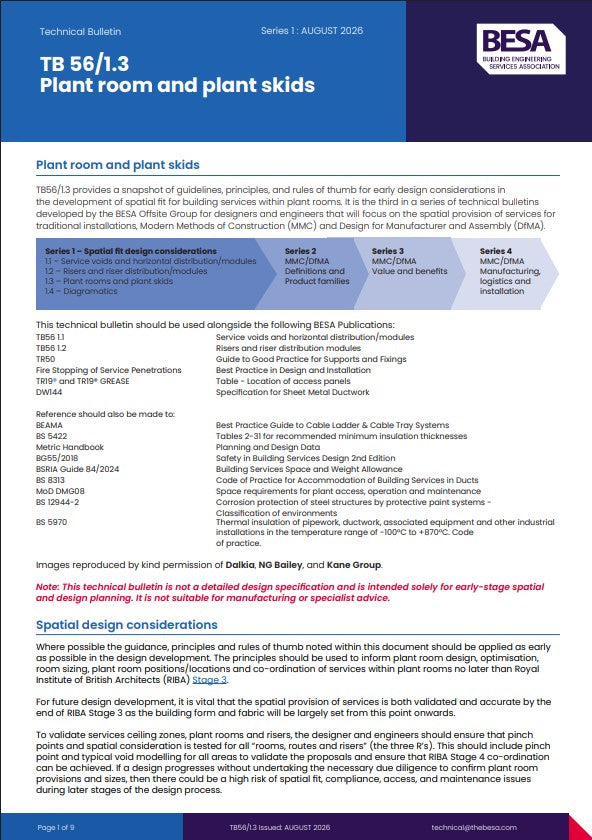 BESA TB 56/1.3 Plant Room and Plant Skids technical bulletin covering early-stage spatial design guidance