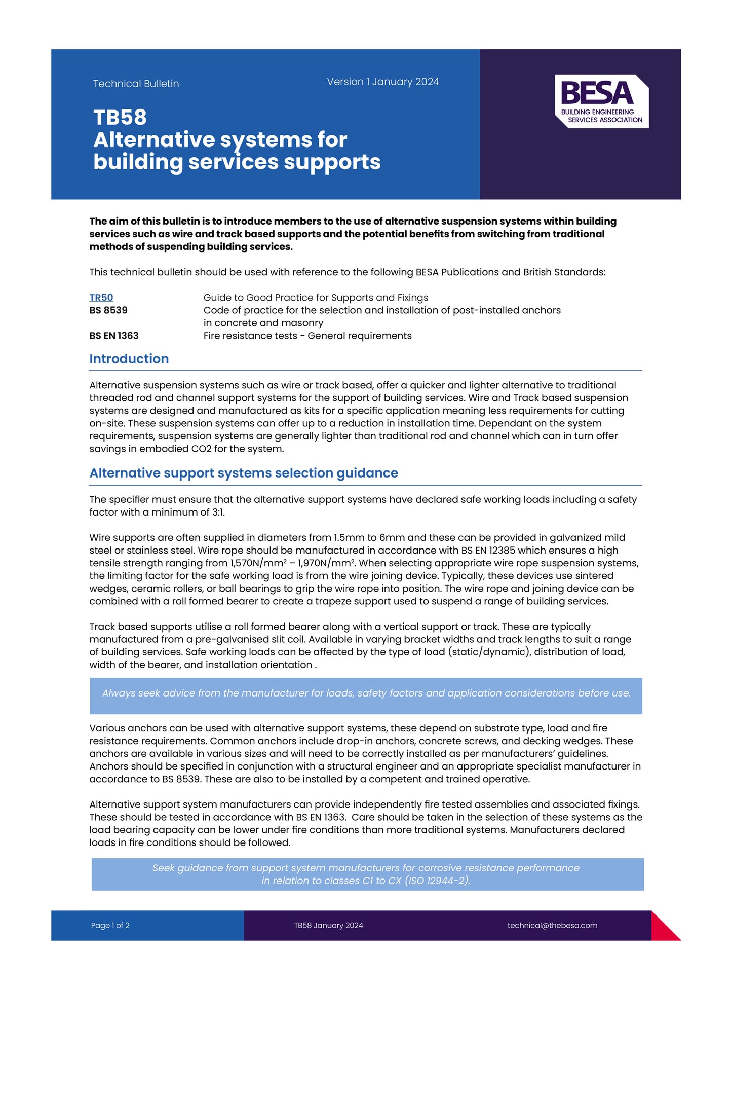 TB58 Alternative systems for building services supports, a BESA publication.
