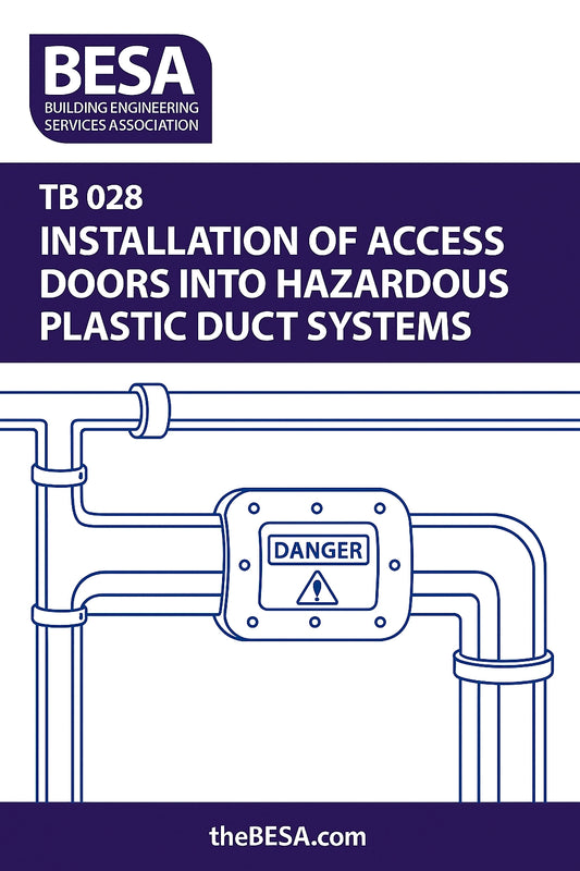 Cover of BESA Technical Bulletin TB 028 showing hazardous plastic duct systems with a sealed access door and danger warning symbol
